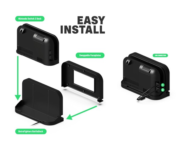 Retro Fighters BattleDock fungerar med Nintendo Switch 2:s officiella dockningsstation. (Bildkälla: Retro Fighters/Kickstarter)