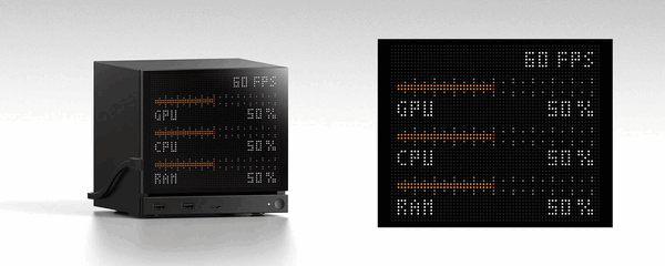 Frontpanelen Jsaux Pixel Matrix ansluts via USB-C och visar realtidsdata.