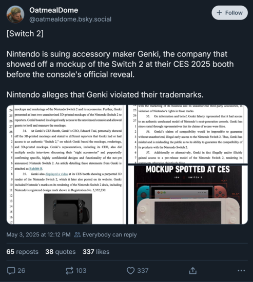 Nintendo Genki stämning Bluesky inlägg (Bildkälla: OatmealDome Blusky konto)