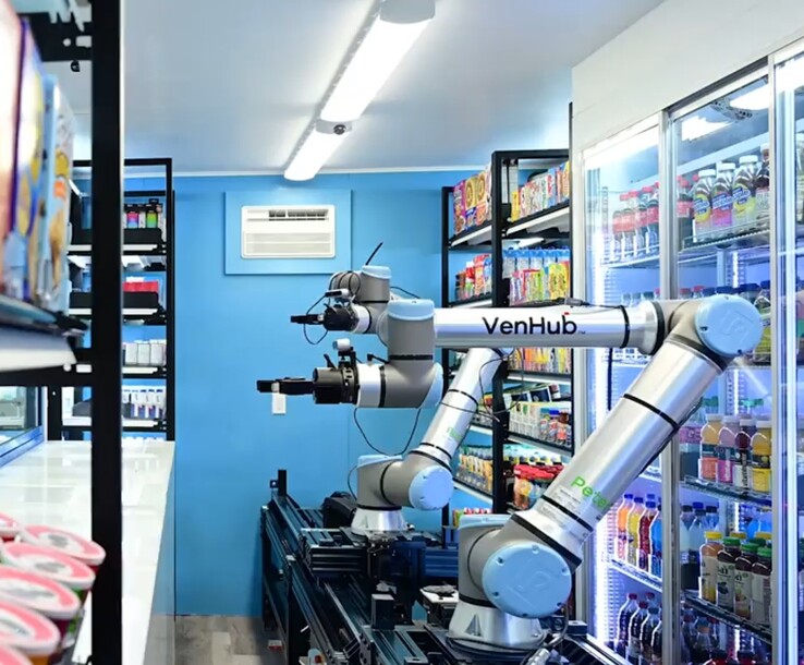 Venhub-butiker använder två AI-drivna robotar som åker på en lång metallbana för att fylla kundorder 24/7. (Bildkälla: Venhub)