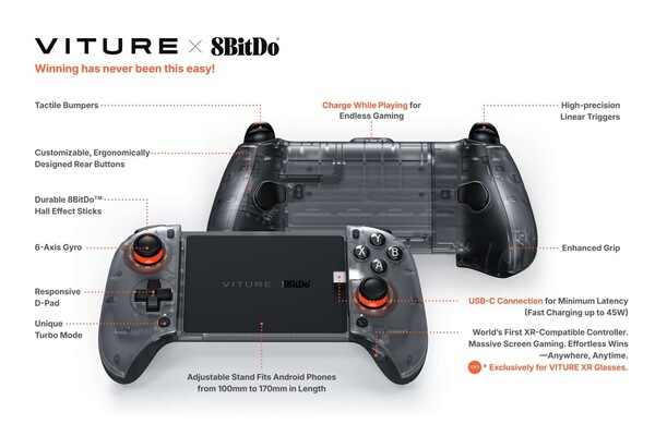 Viture x 8BitDo Ultimate Mobile Gaming Controller har en USB-C-port på ovansidan för genomgående laddning. (Bildkälla: Viture)