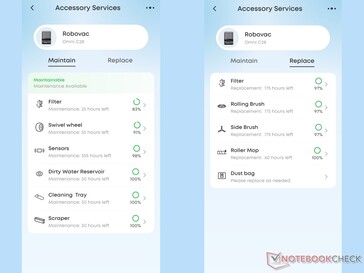 eufy-app för övervakning av underhåll och byte av tillbehör.