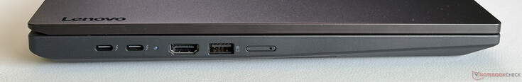 Vänster: 2x USB-C 4.0 med Thunderbolt 4 (40 Gbps, DisplayPort 1.4a, Power Delivery), HDMI 2.1, USB-A 3.2 Gen. 1 (5 Gbps, alltid på), Nano-SIM