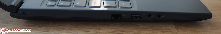 Vänster sida: Kensington-lås, RJ45 LAN, USB 2.0 (Typ A), Mikrofon, Hörlurar