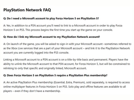 Forza Horizon 5 PSN-konto FAQ (Bildkälla: Forza Horizon 5 supportwebbplats)