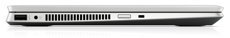 Vänster sida: USB 3.2 Gen 1 (Typ A), Kombinerad ljudanslutning, Startknapp, Anslutning för kabellås
