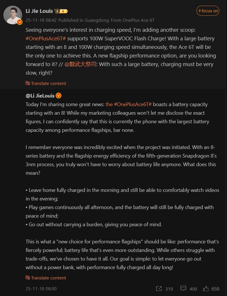 Li Jie Louis pratar om batteriet och laddningshastigheten för OnePlus Ace 6T (Bildkälla: Weibo - maskinöversatt)