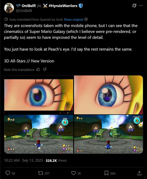 Super Mario Galaxy jämförelse med 2020 Switch-port (Bildkälla: skärmdump, OniBelfi X-konto)