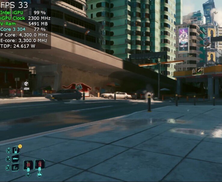 Cyberpunk 2077 körs på minidatorn Beelink EQi 304 och visar cirka 33 FPS med Intel Core 3 304-processorn och det integrerade Intel Xe-grafikkortet.
