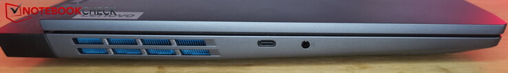 Vänster: USB-C 3.2 Gen 2 (10 Gbit/s, DisplayPort 1.4, PD med 140 W), headsetport