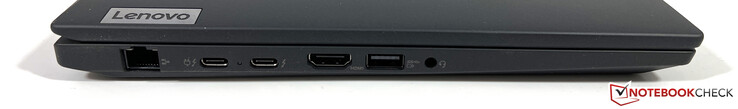 Till vänster: Gigabit Ethernet, 2x USB-C 4.0 med Thunderbolt 4 (40 Gbit/s, DisplayPort ALT-läge 1.4, Power Delivery 3.0), HDMI 2.1, USB-A 3.2 Gen.1 (5 Gbit/s, strömförsörjd), 3,5-mm stereoport