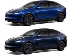 Model Y i den nya färgen Marine Blue jämfört med Deep Blue Metallic (överst). (Bildkälla: Tesla)