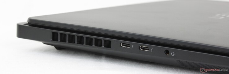 Vänster: 2x USB-C Thunderbolt 4 med DisplayPort 2.1 + Power Delivery, 3,5 mm headset