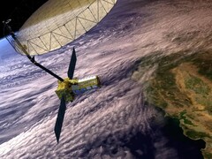En konceptuell bild av NISAR-satelliten i omloppsbana över Kalifornien (Bildkälla: NASA och JPL-Caltech; beskuren)