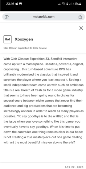 Clair Obscur: Expedition 33 recension läckt ut på Metacritic (Bildkälla: Clair Obscur: Expedition 33 subreddit)