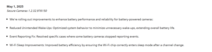 Release Notes för uppdateringen Philips Hue Secure Cameras 1.2.32.976150. (Bildkälla: Philips)