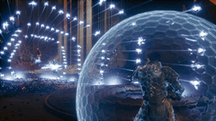 Arjun Devraj använder Soltari Shield mot en våg av inkommande projektiler på Carcosa.