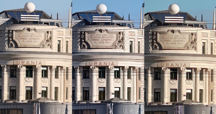 jämförelse av beskärning med 20x zoom: Vänster: Oppo med externt objektiv. I mitten: Vivo utan extern lins. Till höger: Oppo utan extern lins.