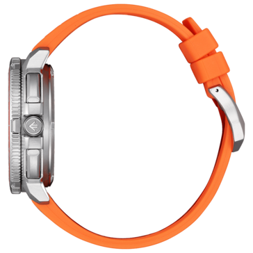 Produktbild i sidoprofil av Citizen Promaster Wave Tracker JV3000-13E som visar boetten i rostfritt stål, den texturerade roterande ramen, knapparna och det orangefärgade gummibandet.