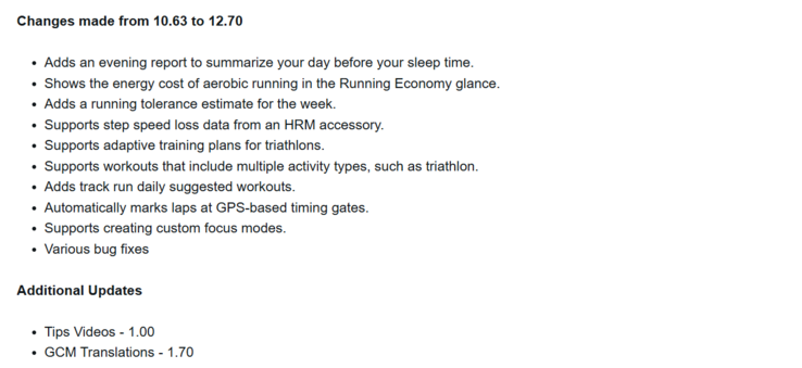 Ändringsloggen för programvaruversion 12.70 för Garmin Venu X1 smartklocka. (Bildkälla: Garmin)