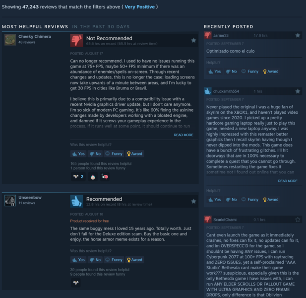 Oblivion Remastered nyligen negativa Steam-recensioner (Bildkälla: skärmdump, Steam)