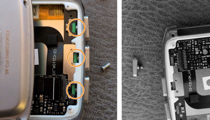 Pebble har utelämnat en klämma, vilket gör att en av knapparna lätt kan ramla ur höljet.