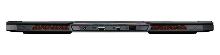 Baksidan: strömkontakt, HDMI 2.1, Mini DP 1.4 (120 Hz), LAN (RJ45) (Källa: Aorus)