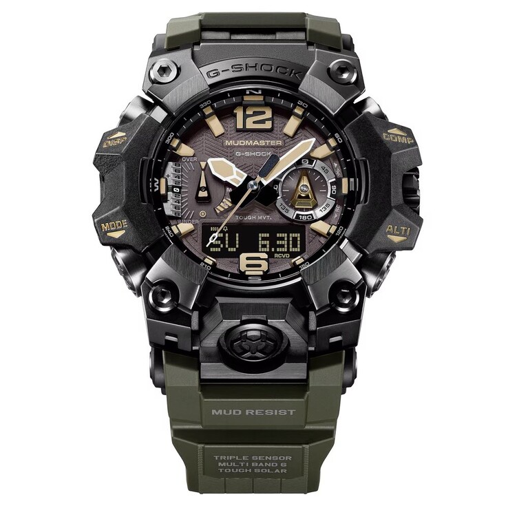 Närbild på urtavlan på G-Shock Mudmaster GWG-B1000-1A3 som visar beige timmarkeringar, självlysande visare, en digital display och kompassmarkeringar.