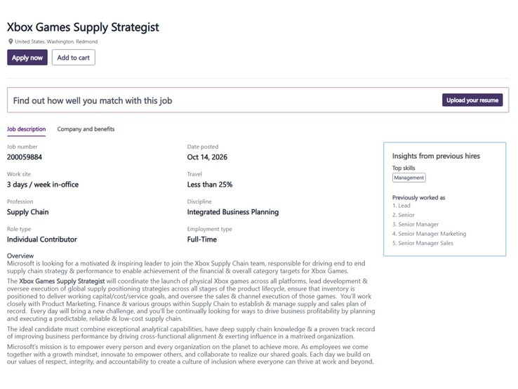 En skärmbild från karriärsektionen på Microsofts officiella webbplats som visar en ledig tjänst som Xbox Games Supply Strategist.
