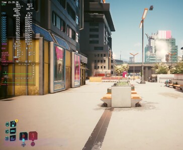 Cyberpunk 2077 körs i 1080p Ultra med FSR Auto på Steam Machine med ett prestandaöverlägg på skärmen