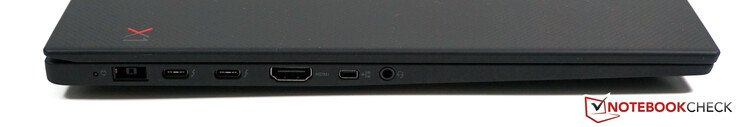 Vänster sida: Slim Tip strömanslutning, 2x Thunderbolt 3 (USB 3.1 Gen 2 Typ C), HDMI 2.0, mini-Ethernet, 3.5 mm ljudanslutning
