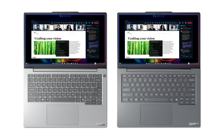 ThinkBook 14 Gen 9 Q8Y i utförandena Cloud Grey respektive Luna Grey, från vänster till höger.