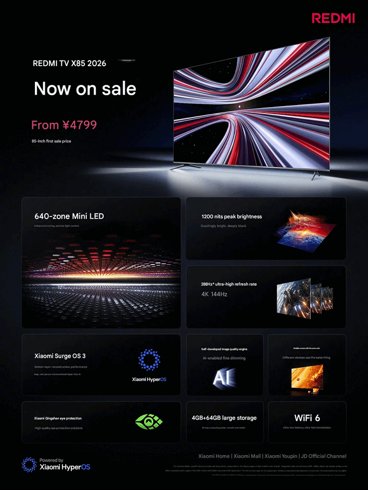 Redmi TV X 2026 specifikation (Bildkälla: Xiaomi Kina; maskinöversatt)