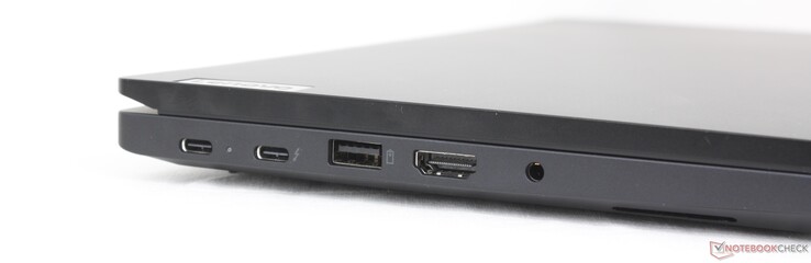 Vänster: USB-C 3.2 Gen. 2 (20 Gbps) med Power Delivery 3.0 + DisplayPort 1.4, USB-C Thunderbolt 4 (40 Gbps) med Power Delivery 3.0 + DisplayPort 1.4, USB-A (10 Gbps), HDMI 2.1, 3,5 mm headset