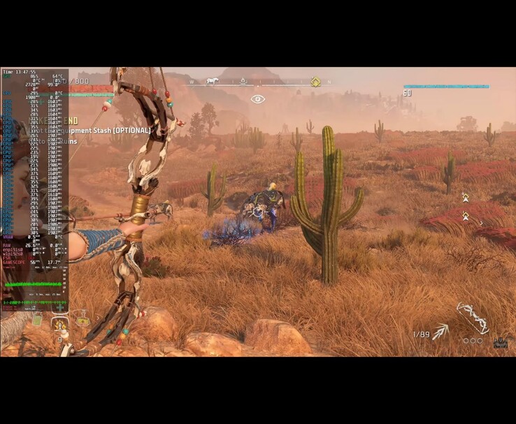 Spelskärmbild av Horizon Zero Dawn Remastered som körs på Bazzite OS med Framework Desktop PC, med överlagring av prestanda i spelet (Bildkälla: ETA PRIME via YouTube)